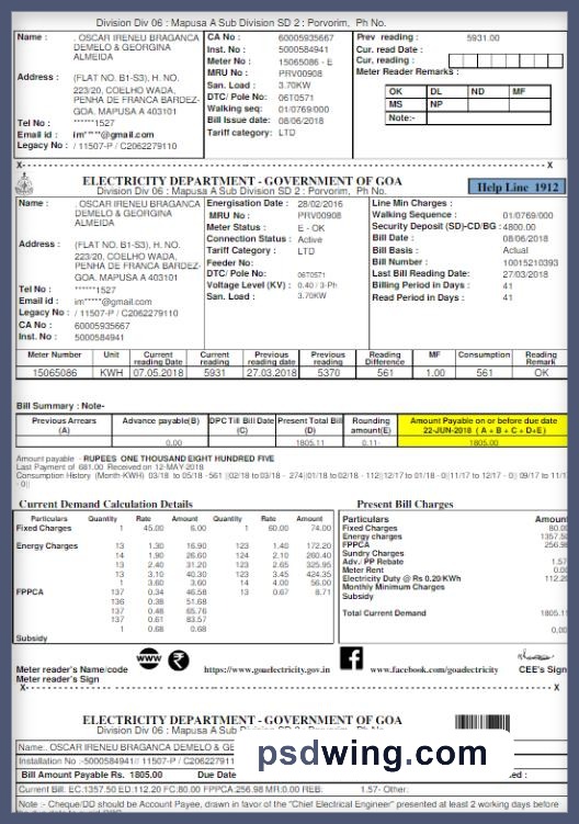 India Electricity Department Government of Goa Utility Bill